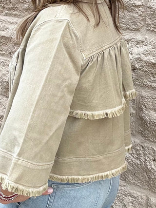 3/4 Sleeve Frayed Flounce Jacket - Light Khaki
