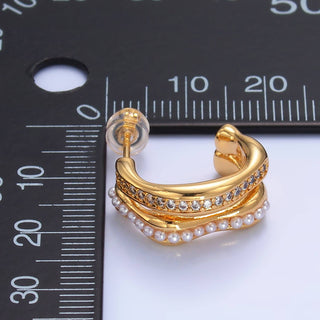 24K Gold Filled CZ Pearl Double Band C-Shaped Hoops | Q534