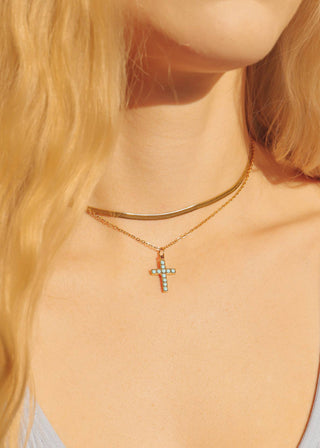 18K Gold PVD Stainless Steel Turquoise Stone Cross Charm