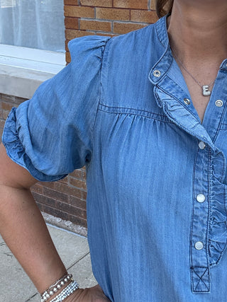 Ruffle Detail Chambray Tencel Dress