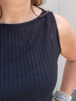 Sleeveless High Boatneck Knit Top - Black