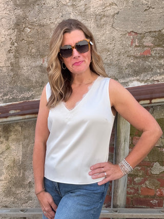 V-neck Woven Tank W/ Lace Trim - Whipped Cream