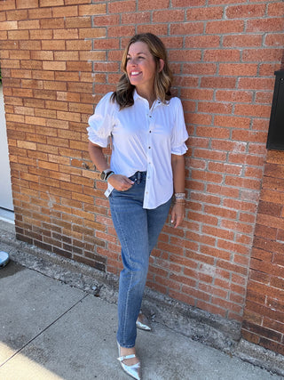 Elbow Puff Sleeve Snap Front Knit Shirt - White