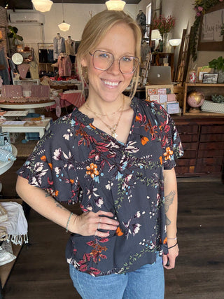 Floral Printed Top with Ruffled V Neck Detail