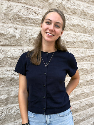 Yessenia Short Sleeve Navy Cardigan by Another Love