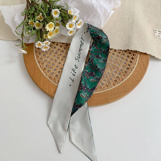 Floral Twilly Scarf ,Skinny Silk Hair Ribbon