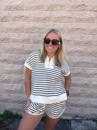 Half Zip Striped Shorts Set