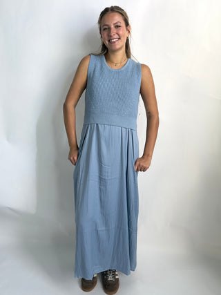 Sleeveless Sweater to Woven Dress in Blue by Liverpool