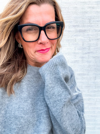 Long Sleeve Crewneck Sweater with Cream Tulip Hem - Light Heather Grey with Cream by Liverpool