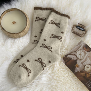 Plush Bow Ribbon Soft Warm Socks