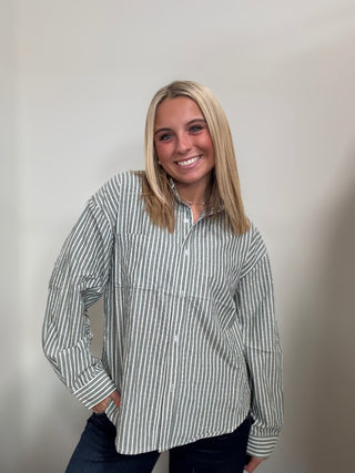Striped Button-Up Collared Long Sleeve Top Green