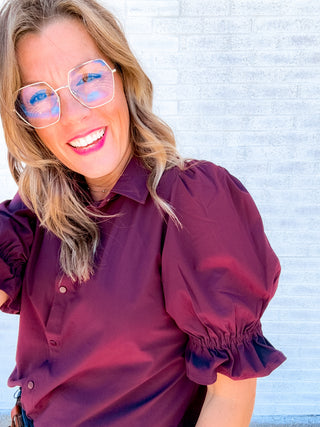 Elbow Puff Sleeve Snap Front Knit Shirt Dark Oxblood by Liverpool