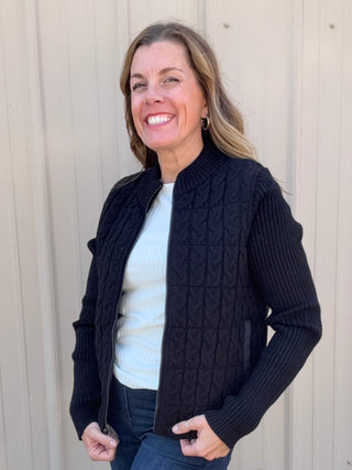 Long Slv Zip Front Quilted Sweater Jacket - Black
