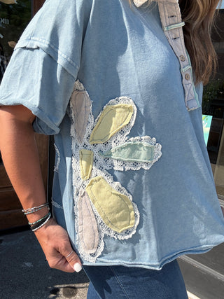 Boho Flower Patchwork Top Blue