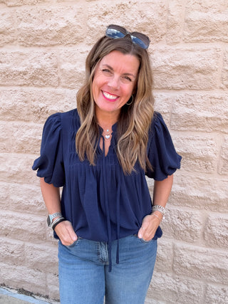 Navy Gathered Top