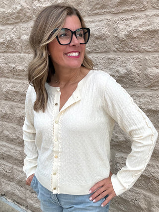 Long Sleeve Button Front Cardigan Sweater w/ Ruffles - Cream