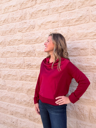 Long Sleeve Drape Neck Woven Sweater Hybrid - Cranberry by Liverpool