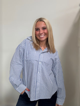 Striped Button-Up Collared Long Sleeve Top Blue