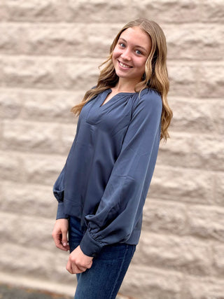 Silky Vneck French Blue Blouse by Pinch