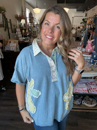 Boho Flower Patchwork Top Blue