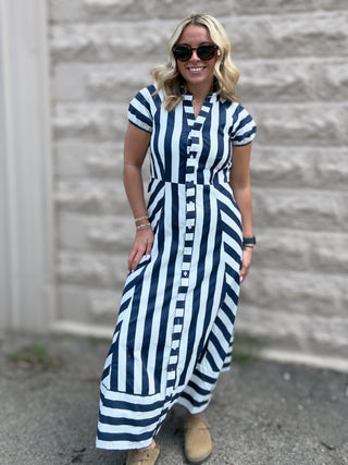 Mixed Striped Pattern Button Down Midi Dress