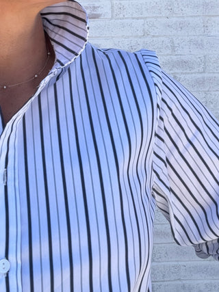 Adjustable Sleeve Button Front Woven Top - Navy Strip by Liverpool
