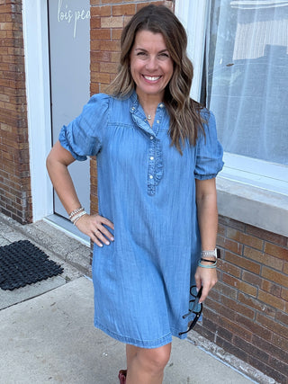 Ruffle Detail Chambray Tencel Dress
