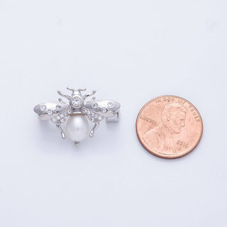 Silver 17mm x 24.5mm Clear CZ Faux Shell Pearl Bumble Bee Insect Pin Brooch | BH-011