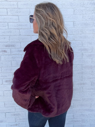 Collared Faux Fur Jacket Dark Oxblood by Liverpool