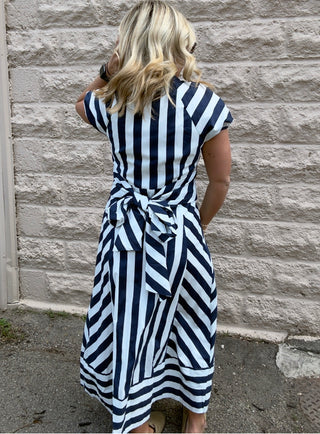 Mixed Striped Pattern Button Down Midi Dress