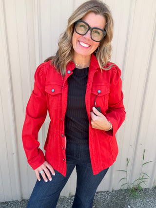 Puff Sleeve Trucker Jacket W Ruffle Collar - Sundance Red