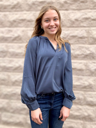 Silky Vneck French Blue Blouse by Pinch