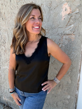 V-neck Woven Tank W/ Lace Trim - Black