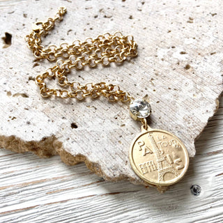 Paris France French coin necklace : Burnished silver