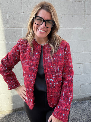 Collarless Jacket Red Boucle
