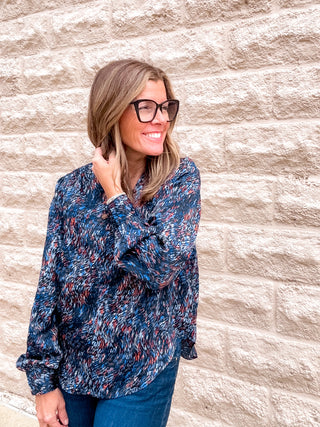 Long Sleeve Woven Blouse - Blue/Brown by Liverpool