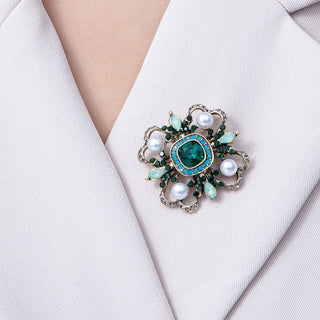 Vintage Antique Gold Black, Green Rhinestone Flower Blue Black Gray Crystal Brooch Pin | BH-00006 BH-00007