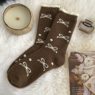 Plush Bow Ribbon Soft Warm Socks