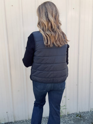 Long Slv Zip Front Quilted Sweater Jacket - Black