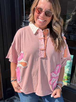 Boho Flower Patchwork Top Pink