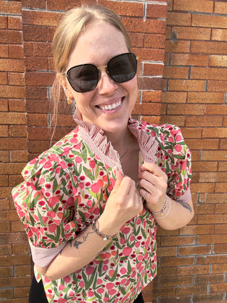 Red Floral Puff Sleeve Top