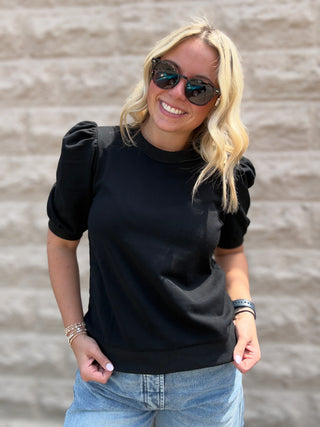 Crew Neck Short Puff Sleeves Knit Top Black