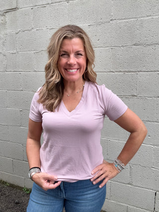 Short Sleeve V-neck Top by Liverpool Lilac Shadow
