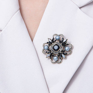 Vintage Antique Gold Black, Green Rhinestone Flower Blue Black Gray Crystal Brooch Pin | BH-00006 BH-00007