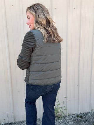 Long Slv Zip Front Quilted Sweater Jacket - Heather Olive