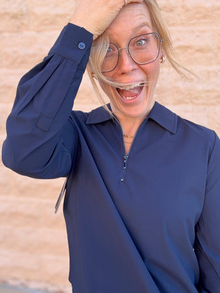 Collared Zip Front Knit Shirt by Liverpool Navy