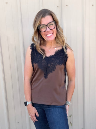 Sleeveless Woven Top W/ Lace Espresso