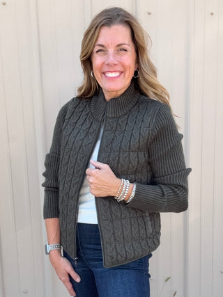 Long Slv Zip Front Quilted Sweater Jacket - Heather Olive