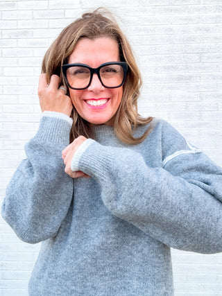 Long Sleeve Crewneck Sweater with Cream Tulip Hem - Light Heather Grey with Cream by Liverpool