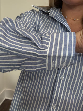 Striped Button-Up Collared Long Sleeve Top Blue